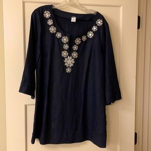 J Crew navy linen tunic top with decorative neckline